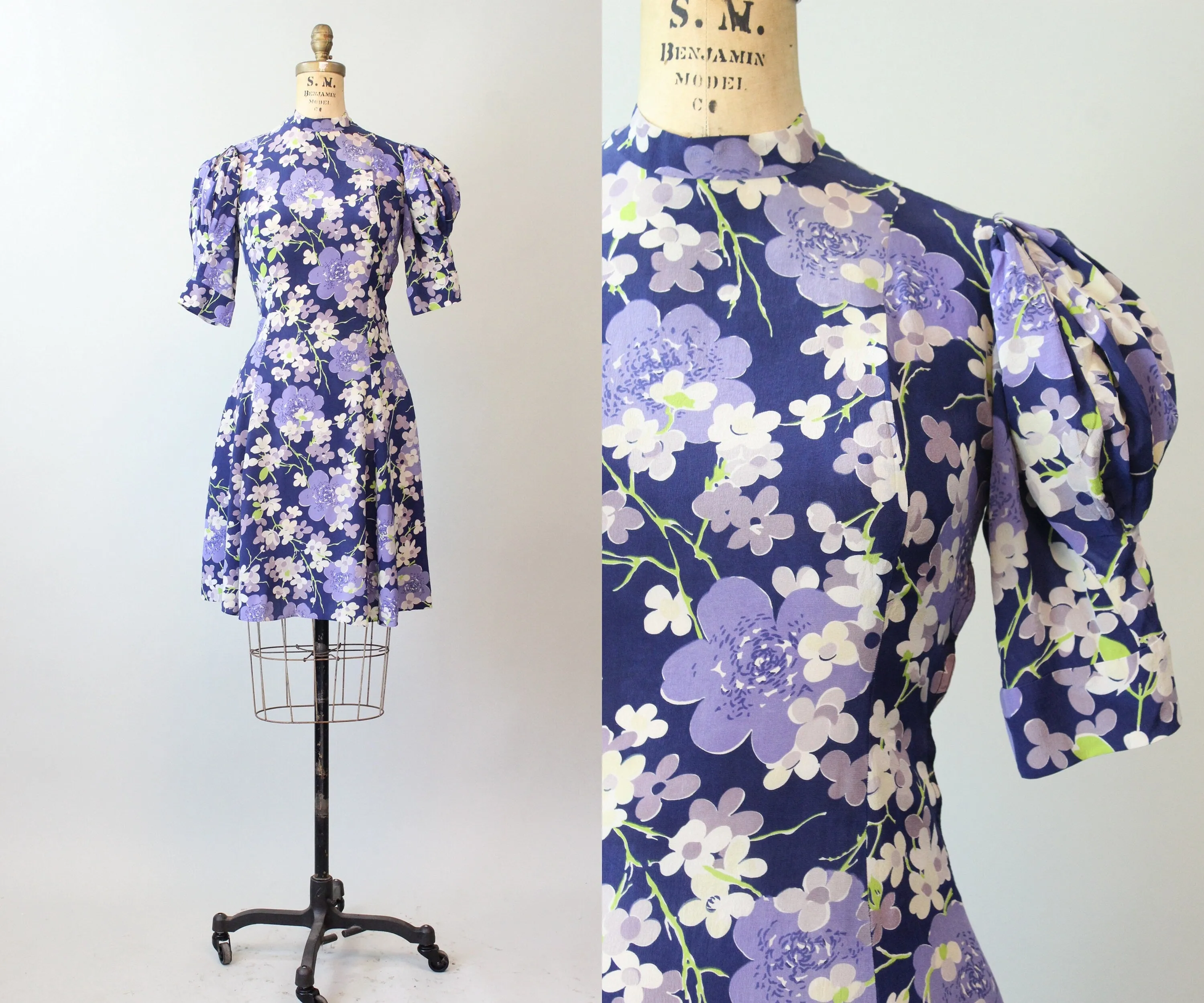 1930s DOGWOOD floral lantern SLEEVES dress xs | new spring