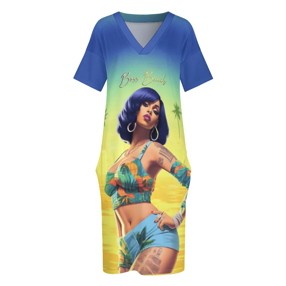 Boss Beach Women's V-neck Loose Dress with Pockets