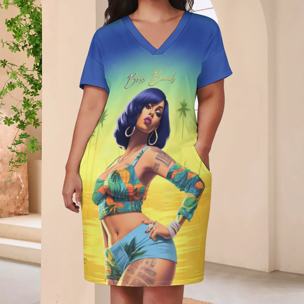 Boss Beach Women's V-neck Loose Dress with Pockets