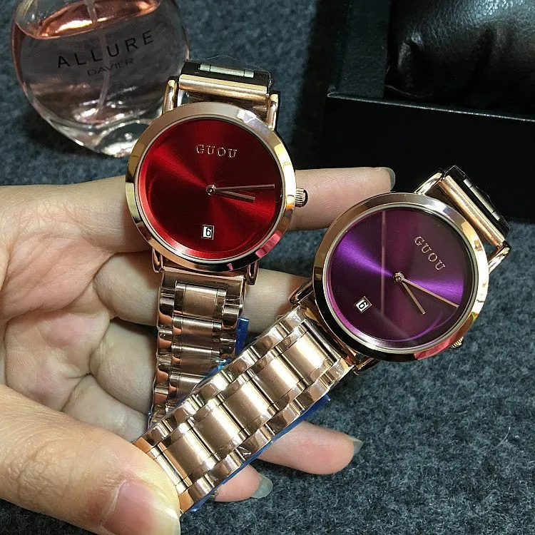 Women's Watch white round ultra-thin With Calendar dial gold stainless steel strap simple watch
